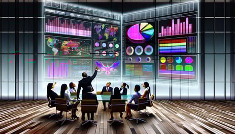 Imagine a vividly depicted scene showing a technologically advanced workspace. At its heart is a dazzling dashboard interface exhibiting an array of d